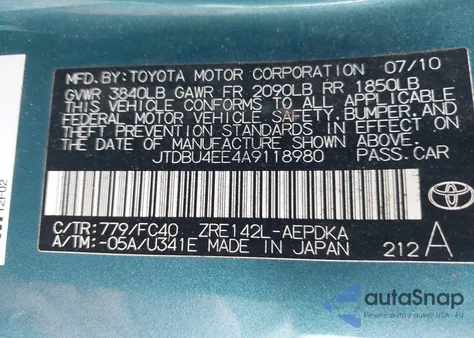 2010 Toyota Corolla Le из США, поврежденный, VIN JTDBU4EE4A9118980